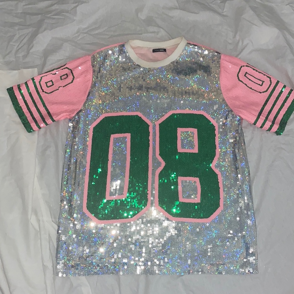 Sequin green and pink jersey style dress